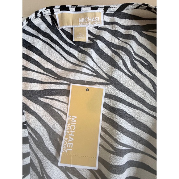 Michael Kors Zebra Print Smocked Waist Ruffle Midi Dress Med Bone/Black NWT - Picture 3 of 6